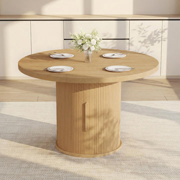 Round Wooden Dining Table with Storage, 43.3" Wood Tabletop, 2-Piece Semi-Circle Design, Pedestal Base Dining Table
