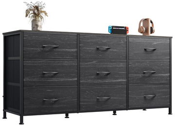 Dresser TV Stand for 55 Inches TV, 9 Fabric Drawers, Black Wood Grain