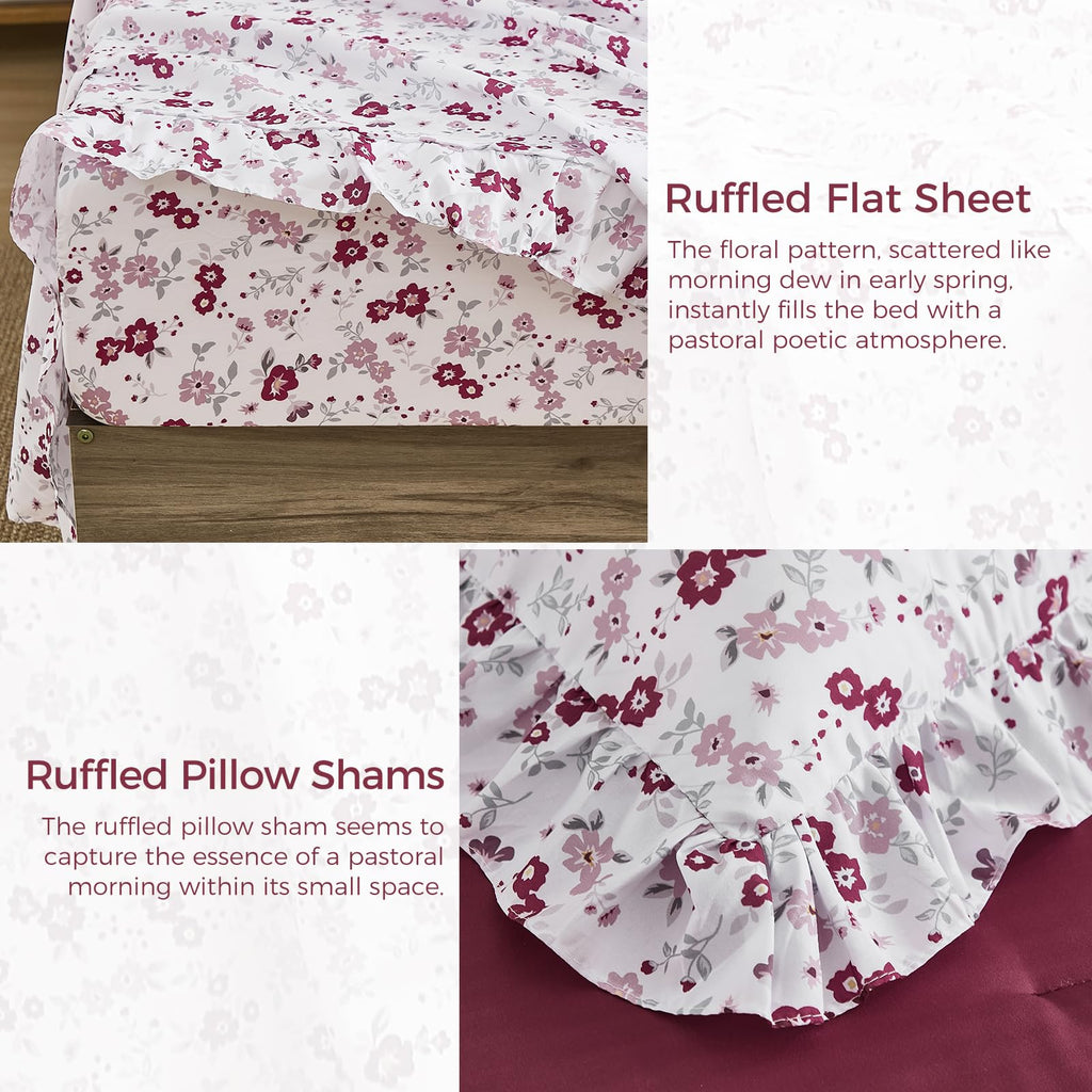 8PC Comforter Set Burgundy, Ruffle Comforter with Floral Sheets