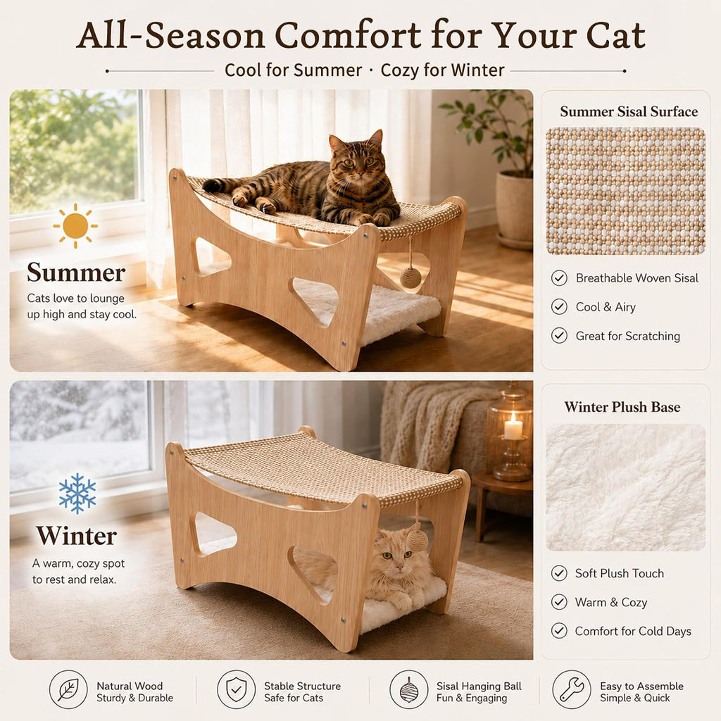 Cat Hammock Bed, 3 in 1 Elevated Bunk Cat Hammock Bed with Sisal Scratching Pad & Soft Plush Cushion, Wooden Cat