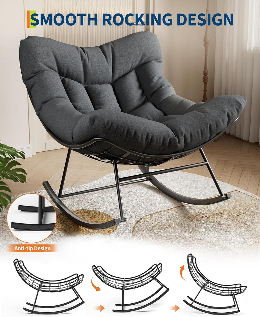 Outdoor Papasan Rocking Chair for Balcony Backyard Porch Bedroom | Oversized Rocking Chair with Sturdy Metal Frame