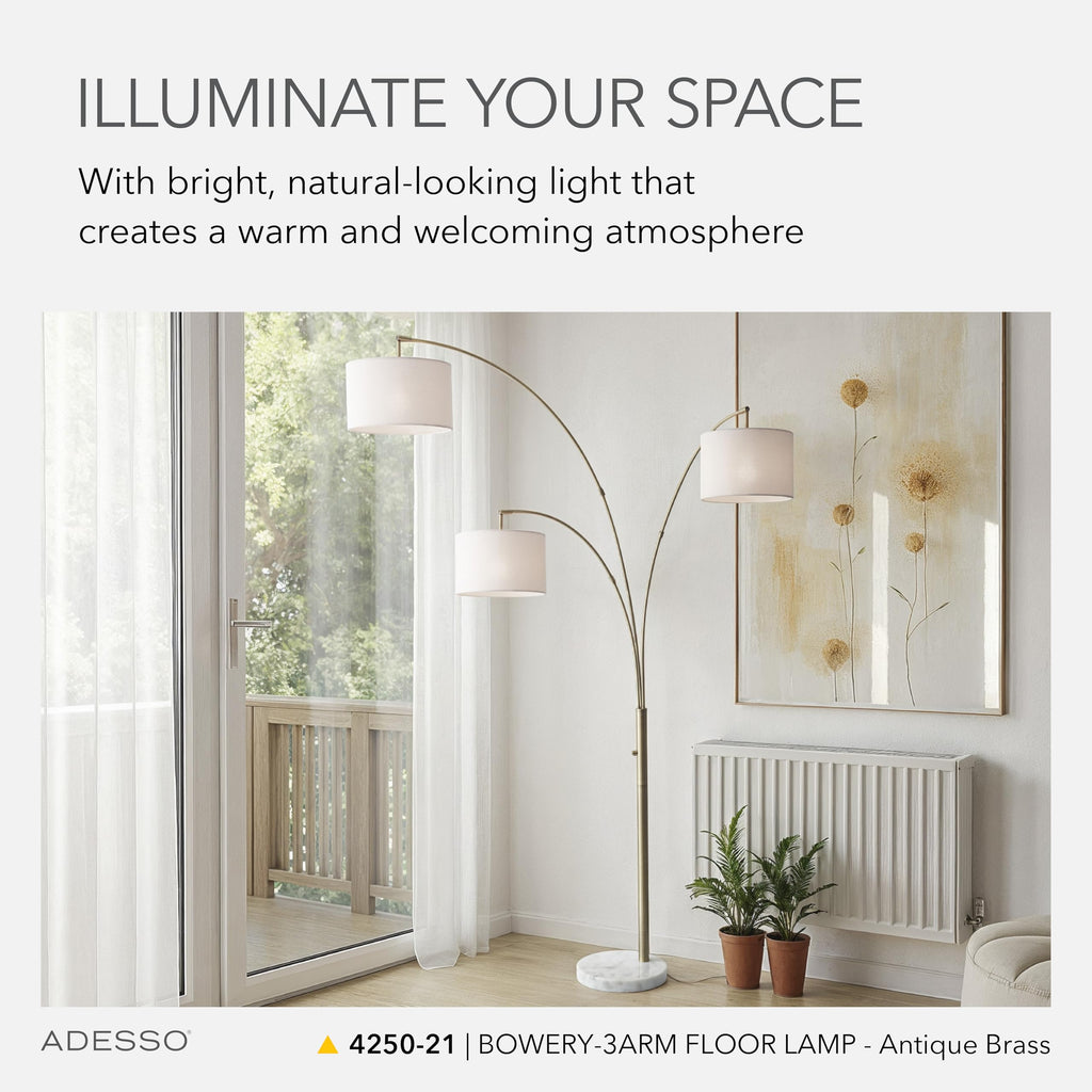 3-Arm Arc Floor Lamp with Marble Base and Off-White Linen Lampshade - 4-Way Adjustable Brightness, Bedroom, Home