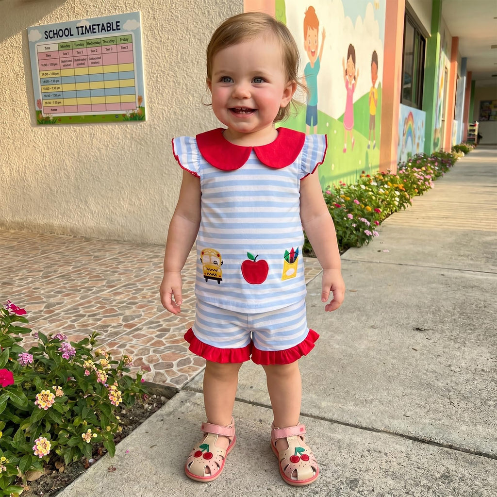 Little Girl Back To School Outfit Apple Pencil Embroidered Striped Peter Pan Collar Fly Sleeve Tops and Shorts Set