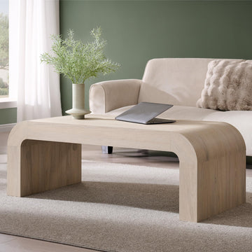 48" Modern Curved Coffee Table, Wood Minimalist Center Table, Cream