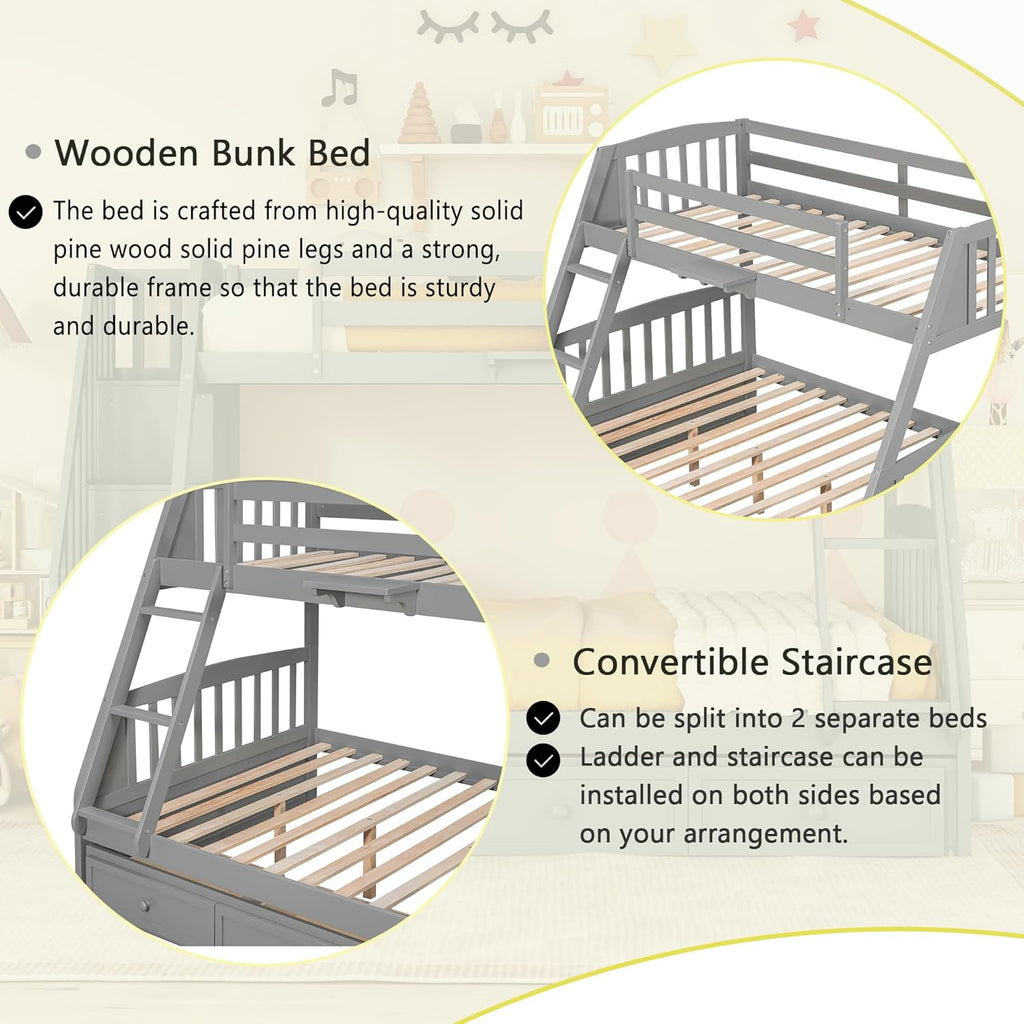 Wooden Twin Over Full Stairway Bunk Bed with Three Storage Drawer, Storage Staircase