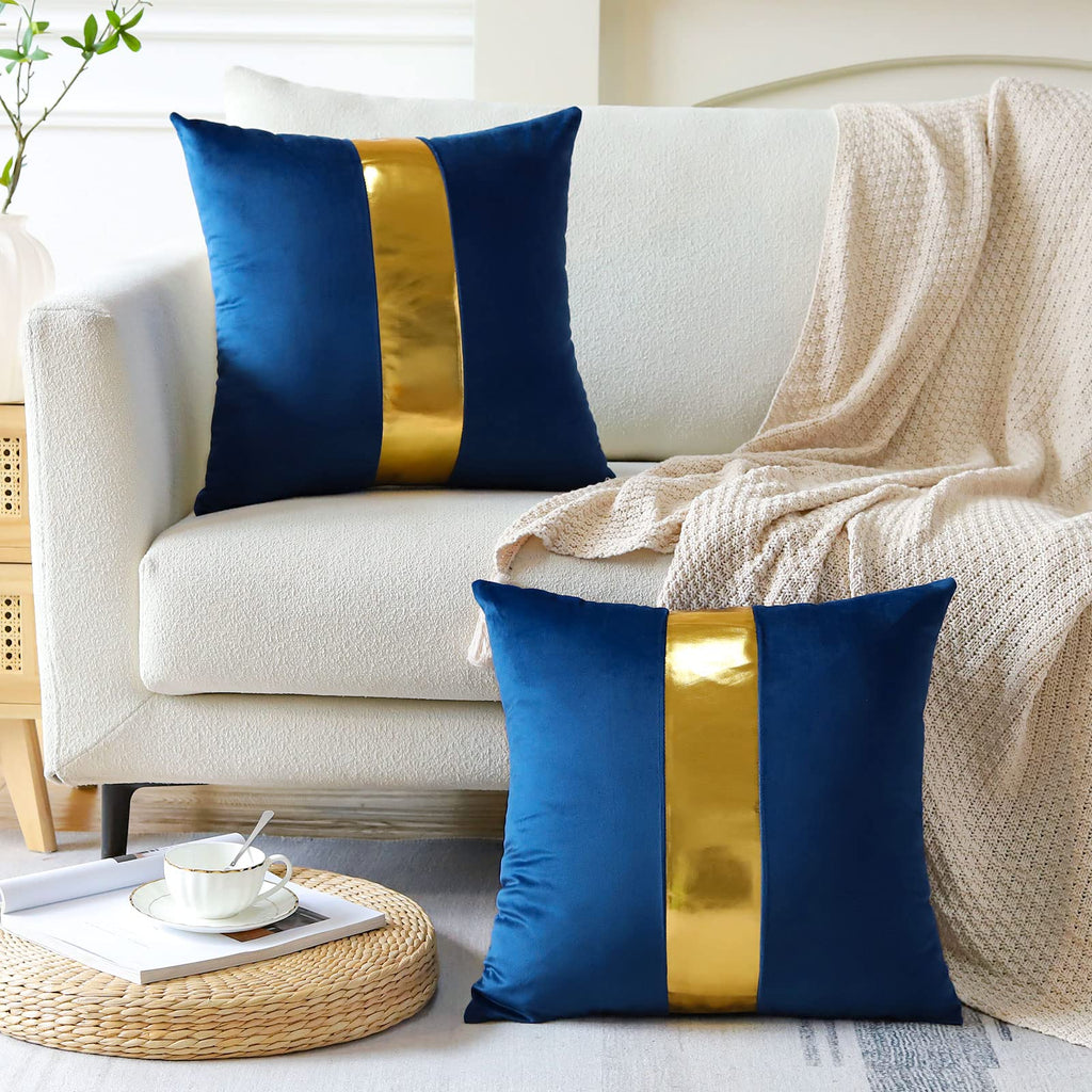 Navy Blue Velvet Throw Pillow Covers with Gold Leather Stitching Luxury Modern Minimalist Square Pillowcase Cushion