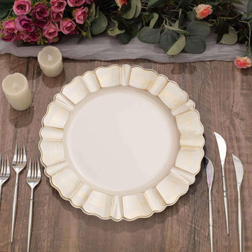 13" Charger Plates -Set of 24 - Acrylic Beige Round Disposable Chargers With Gold Brushed Wavy Scalloped Rim, Ideal