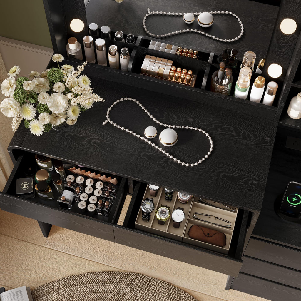 Vanity Table with Drawer Dresser, 39.3" Farmhouse Vanity Makeup Desk with Charging Station, Black Vanity Desk with