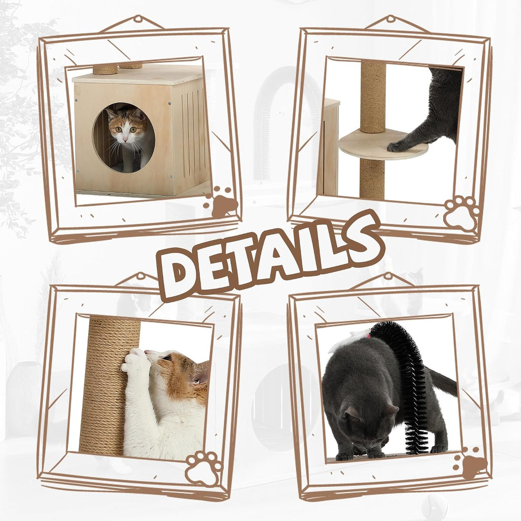 Wooden Cat Tree with Scratching Post, Modern Tower for Indoors Cats, Natural