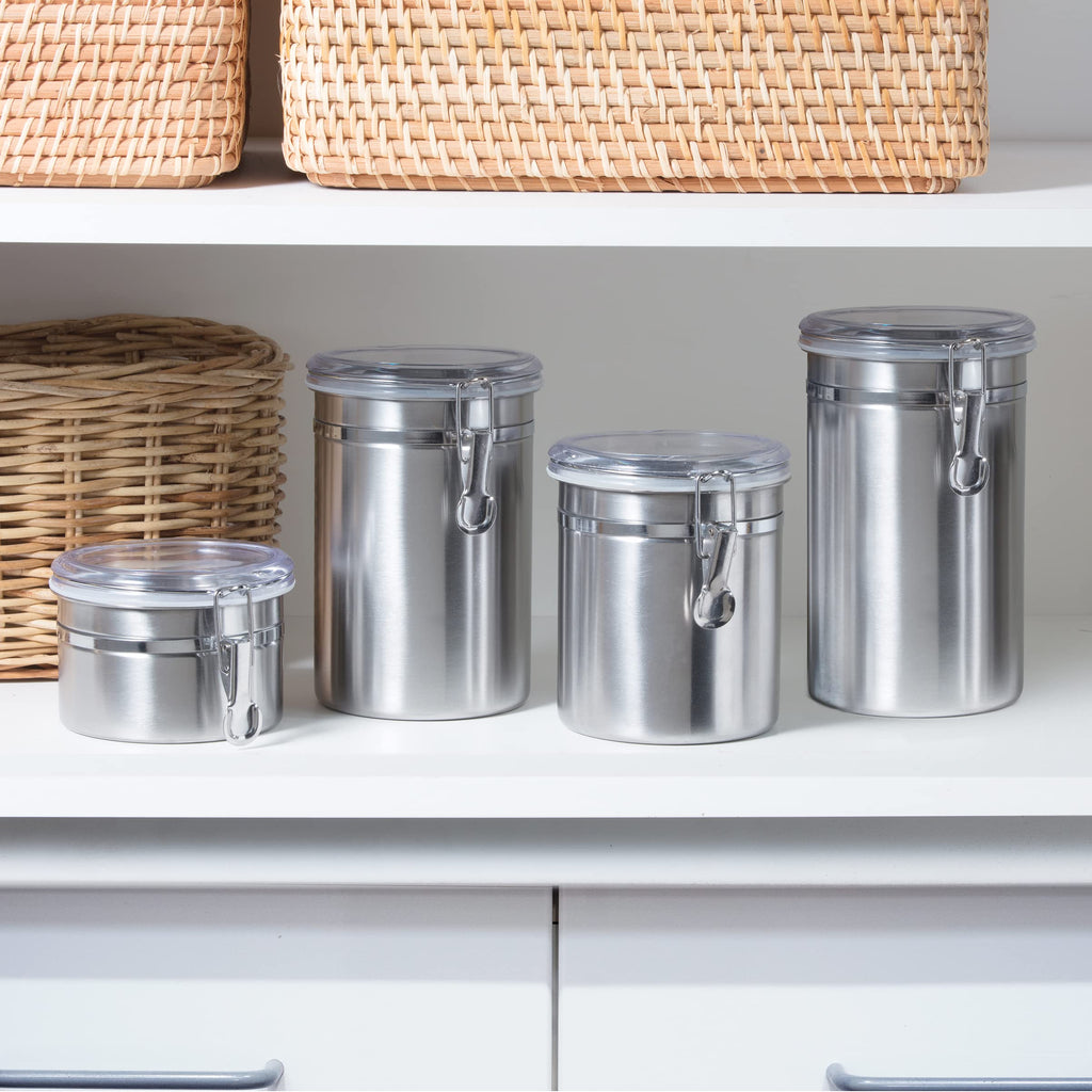 Set of 4 Stainless Steel Kitchen Canisters - Airtight Clamp Lid, Clear See-Thru Top - Ideal Storage, Food Storage