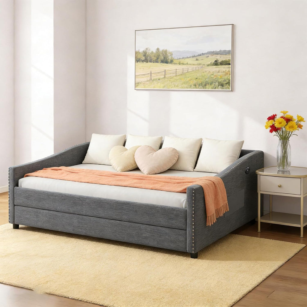 Full Size Daybed with Trundle, USB Port & Side Storage Bag | Linen Fabric, Button Tufted Back, Waved Piping