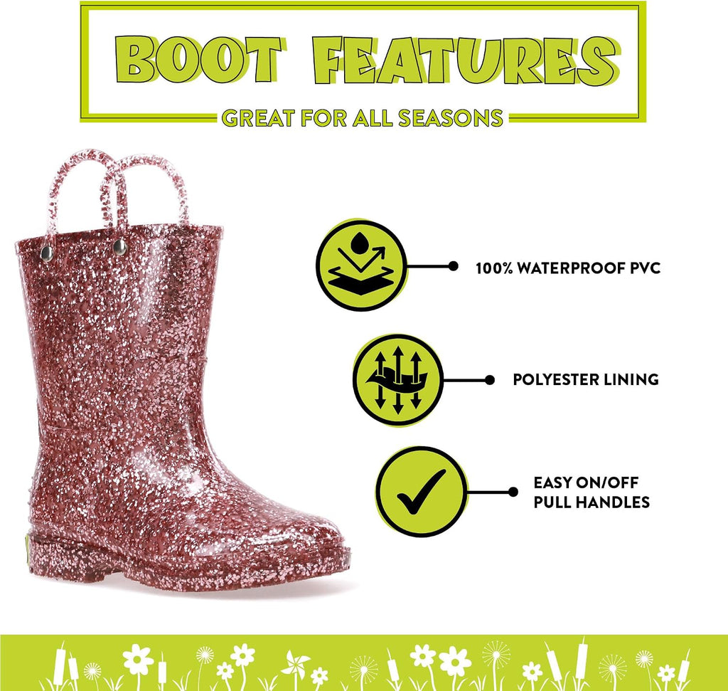 Girl's Glitter Waterproof Rain Boot with Easy Pull on Handles, Perfect Lightweight Rain Boots for Kids