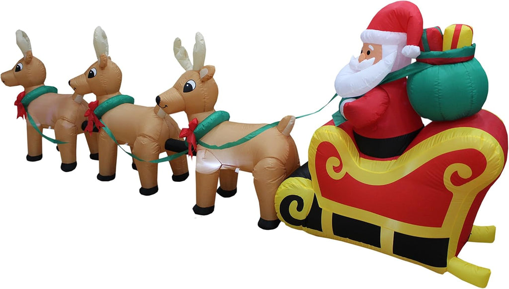 12 FT Long Lighted Christmas Inflatable Santa on Sleigh with 3 Reindeers