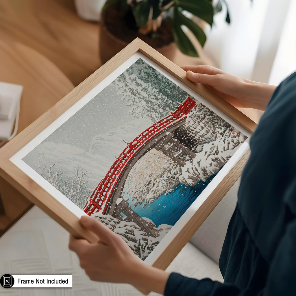 Master Vintage Hasui Kawase Poster - Retro Snow at Sacred Bridge in Nikko Print - Japanese Art - Gift for Him, Her