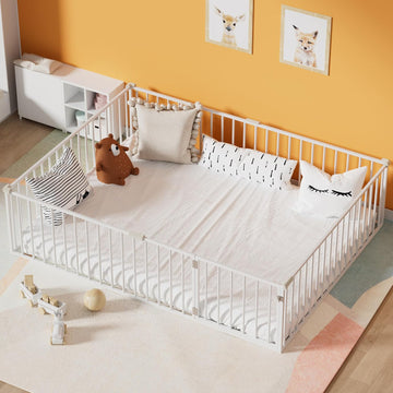 Floor Bed for Kids Metal Montessori Bed Frame with Door & Safety Guardrails Multifunctional Montessori Floor