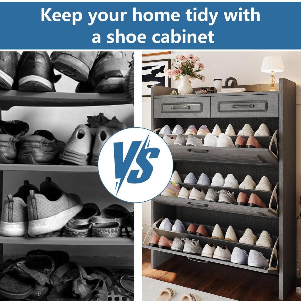 31.5" W Shoe Cabinet, Hidden Wood Shoe Cabinet with 2 Storage Drawers & 3 Flip Drawers, Narrow Freestanding Shoe