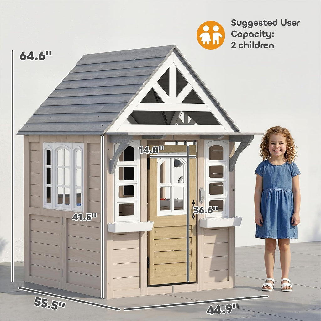 Kids Outdoor Playhouse Wooden Kids Cottage with Dog Door Ages 2+ Gray | Cookware, Planter Box, Bell, Blackboard
