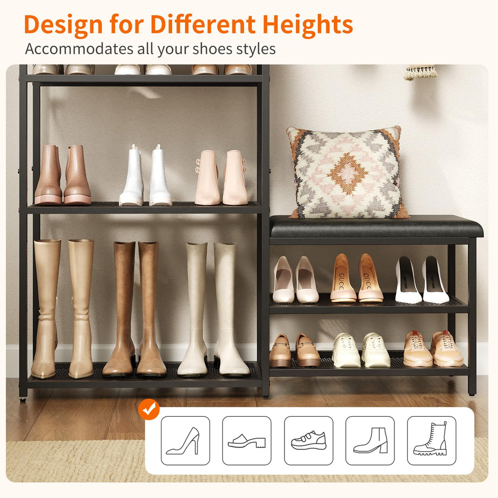 Shoe Rack Bench Shoe Rack, Cushioned Entryway Shoe Storage with 2 Drawers & 5-Tier Organizer, Metal Frame Wood Top