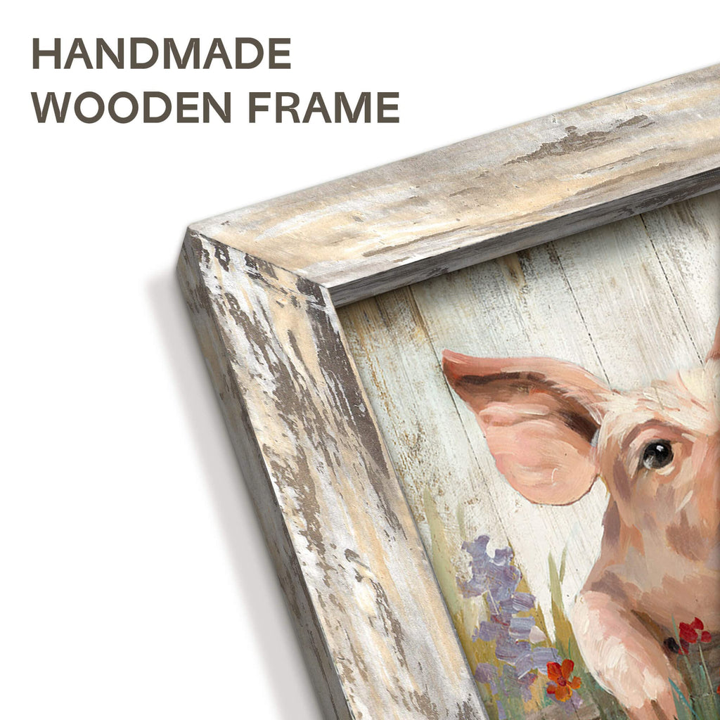Pig Wooden Framed Wall Art: Rustic Farmhouse Artwork Funny Cute Pink Piggy Farm Animal Picture Print Countryside