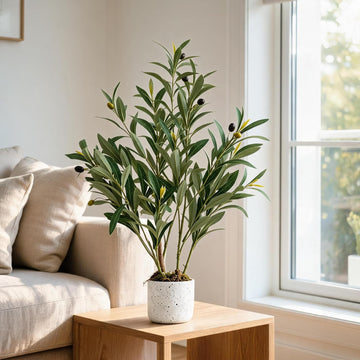 2FT Faux Olive Tree, Indoor Artificial Potted Olive Tree 23.6inch with White Planter, Lifelike 8 Fruits and Realistic