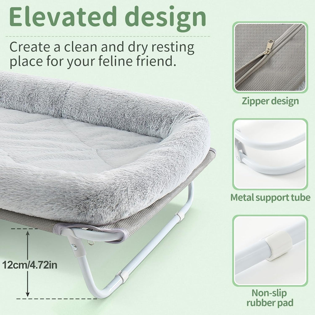 Elevated Cat Bed Foldable Raised Pet Hammock Self-Supporting Puppy Lounger with Off Floor Metal Frame Washable Cover