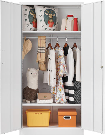 Metal Wardrobe Cabinet with Hanging Rod & Lock, White Armoire Wardrobe Closet, Metal Clothing Storage Cabinet with