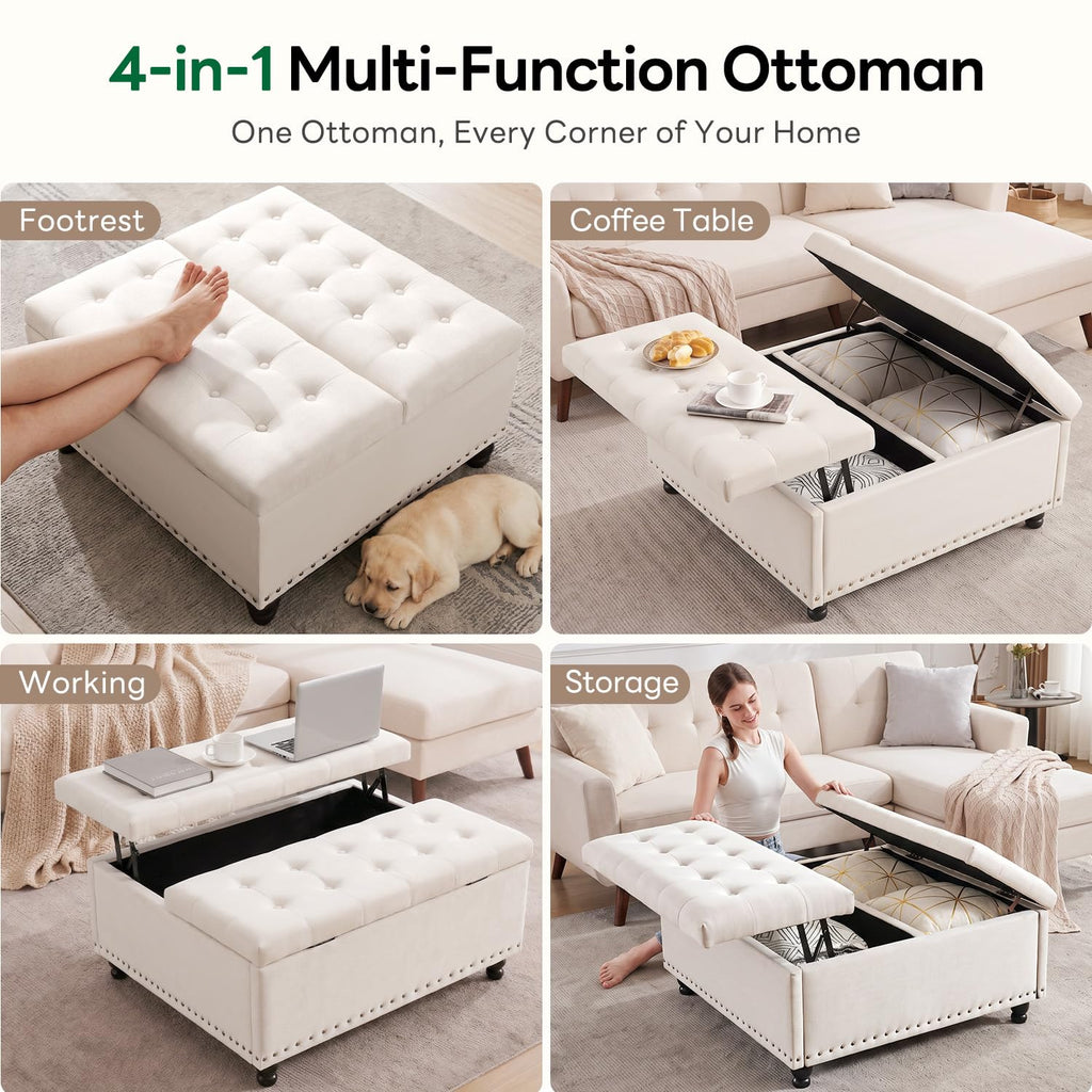 35.5 Inch Large Square Ottoman with Storage, Lift Top, Beige
