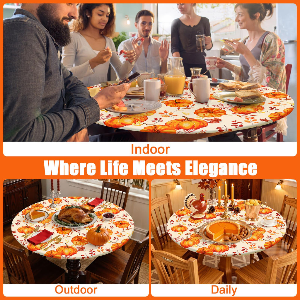Thanksgiving Round Spandex Tablecloth, Fitted Cover for 45"-56" Table