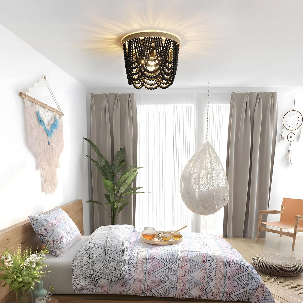 RyalQ 3-Light Black Wood Beaded Flush Mount Ceiling Light, Rustic Farmhouse Boho Small Chandelier, Vintage Decor