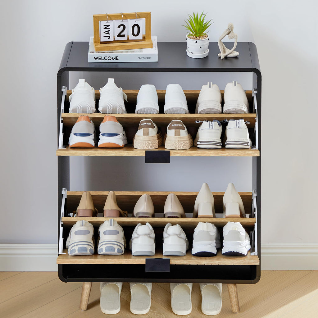 Narrow Shoe Cabinet Storage, Slim Shoe Cabinet with 2 Flip Drawers, Fluted Shoes Rack Organizer (Natural with Black
