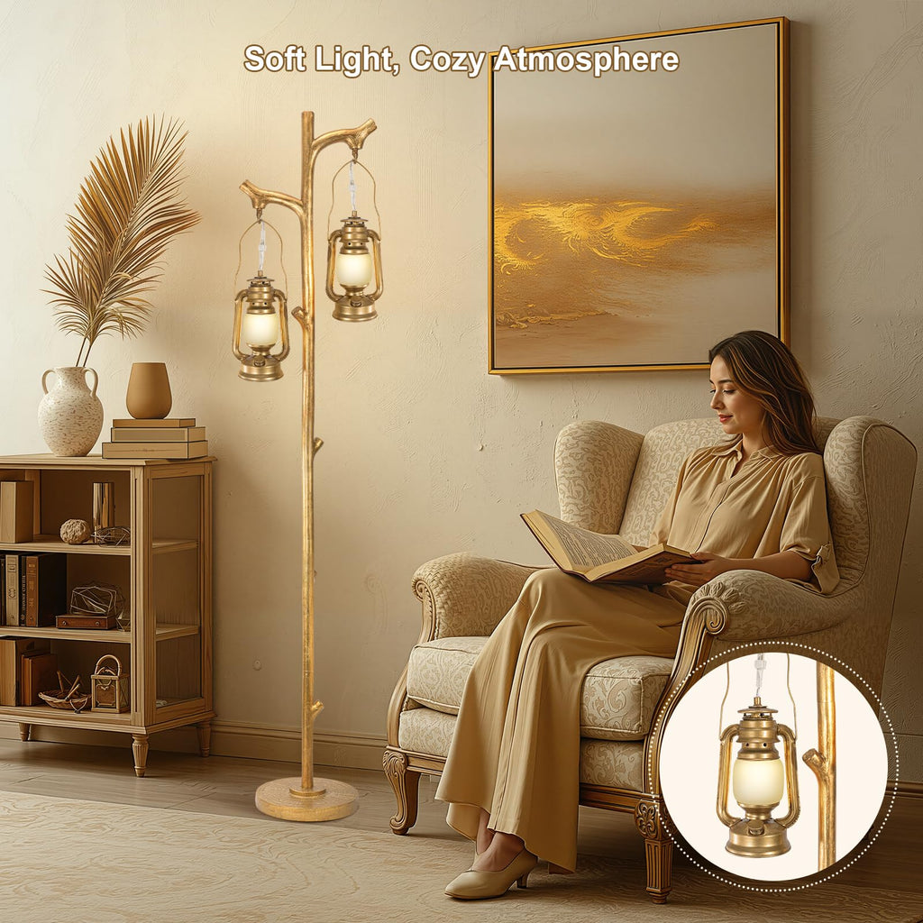 68" Tall Gold Floor Lamp with Lanterns, Dimmable Brightness