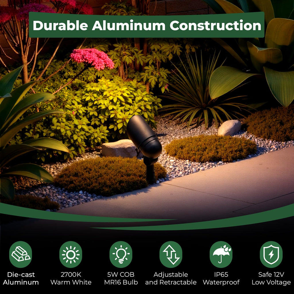 Complete Low Voltage Landscape Lighting Kit, 12-Pack 5W Spotlights with Smart Fastlock Connectors, 200W Transformer &