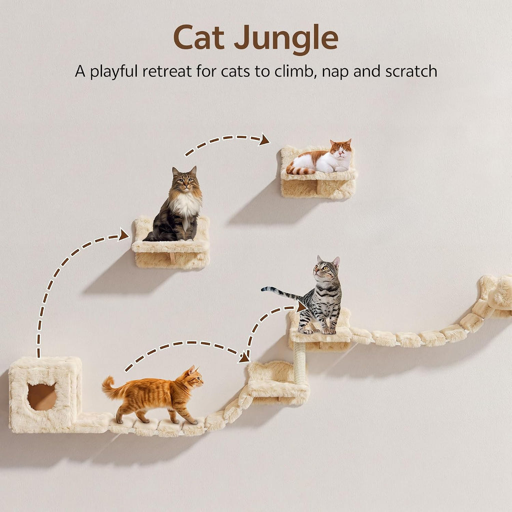 9-in-1 Cat Wall Shelves, Cat Wall Furniture Set with Bridge, Beige