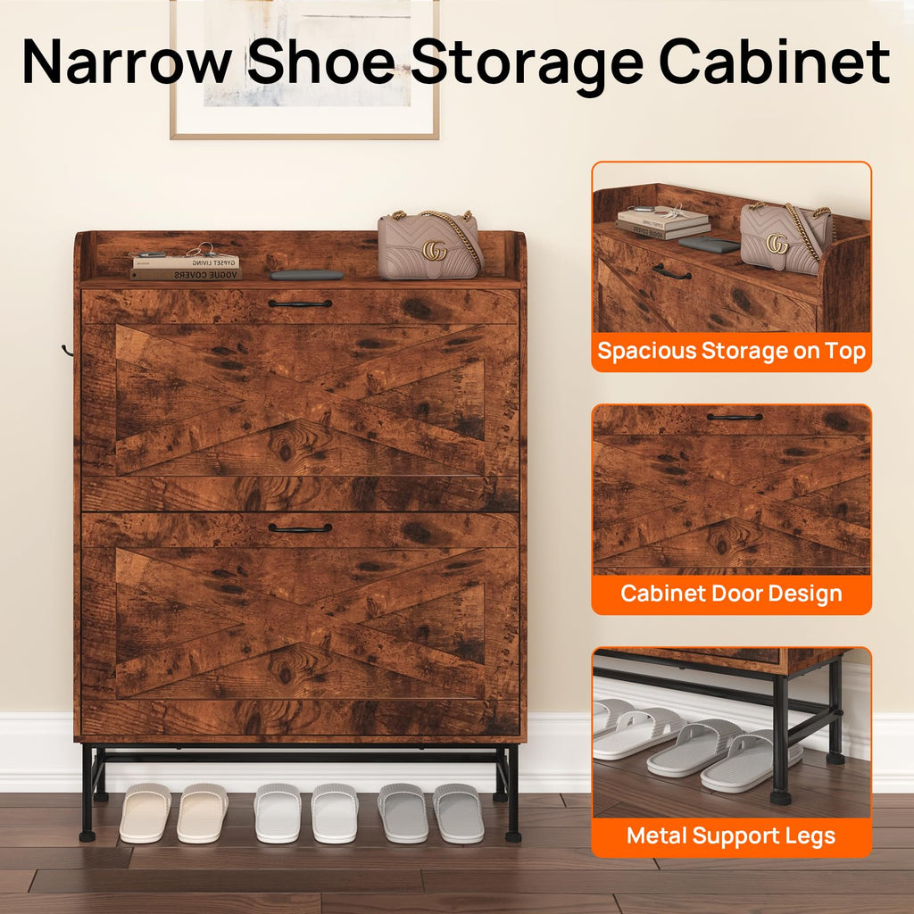 Shoe Storage Cabinet, Narrow Shoe Cabinet with 2 Flip Drawers, Freestanding Shoe Organizer with Open Storage