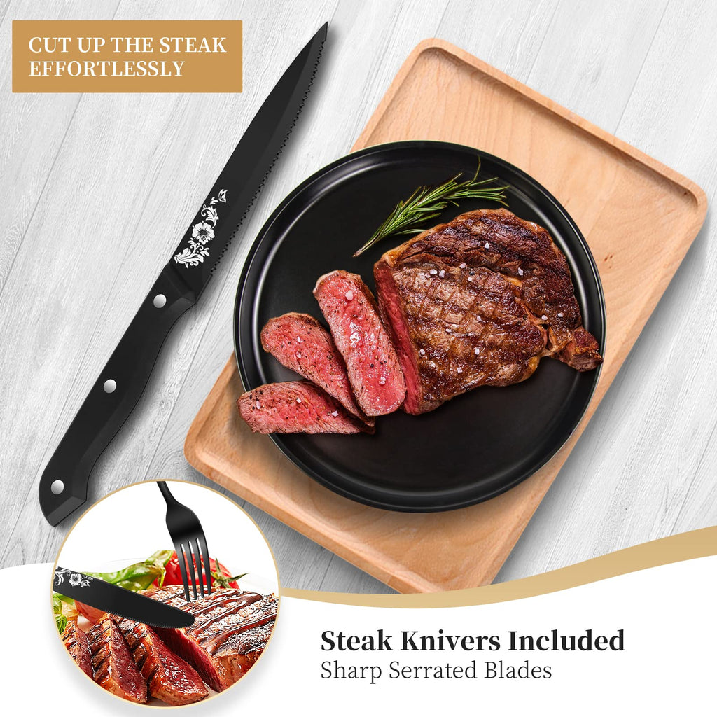 24-Piece Black Silverware Set with Steak Knife, Black Flatware Sets for 4, Stainless Steel Cutlery Set Includes Forks