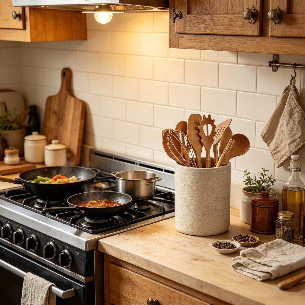 Rustic Beige Stone-Look Utensil Crock Counter - 6" x 7" Heavy Resin Holder with Non-Slip Base, Organizes Wooden