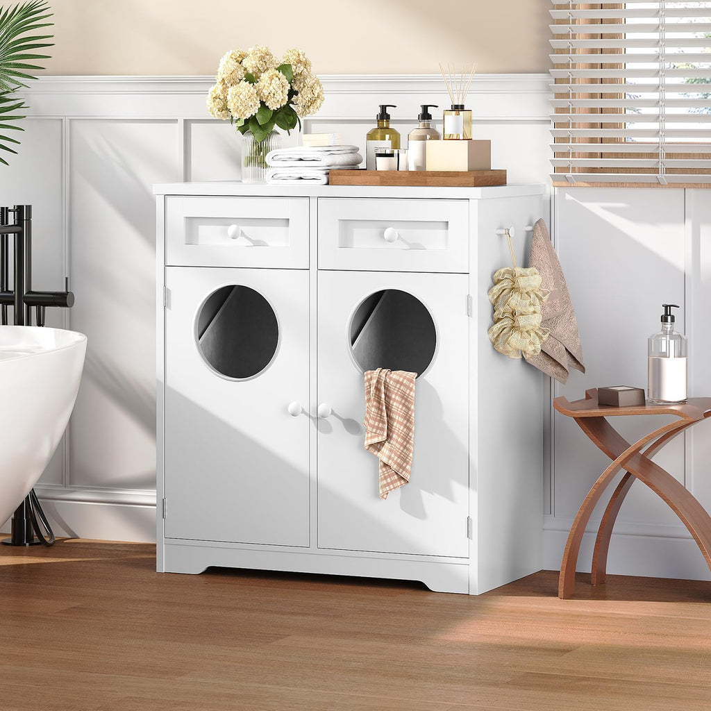 Double Laundry Hamper Cabinet, Hidden Laundry Cabinet with 2 Drawers & 2 Baskets, 20 Gallon Farmhouse Bathroom