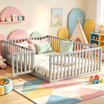 Toddler Floor Bed with Door&High Rails, Grey