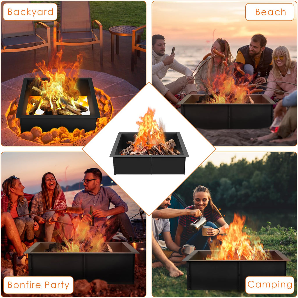32" Square Fire Pit Ring Insert Heavy-Duty Steel DIY Camping