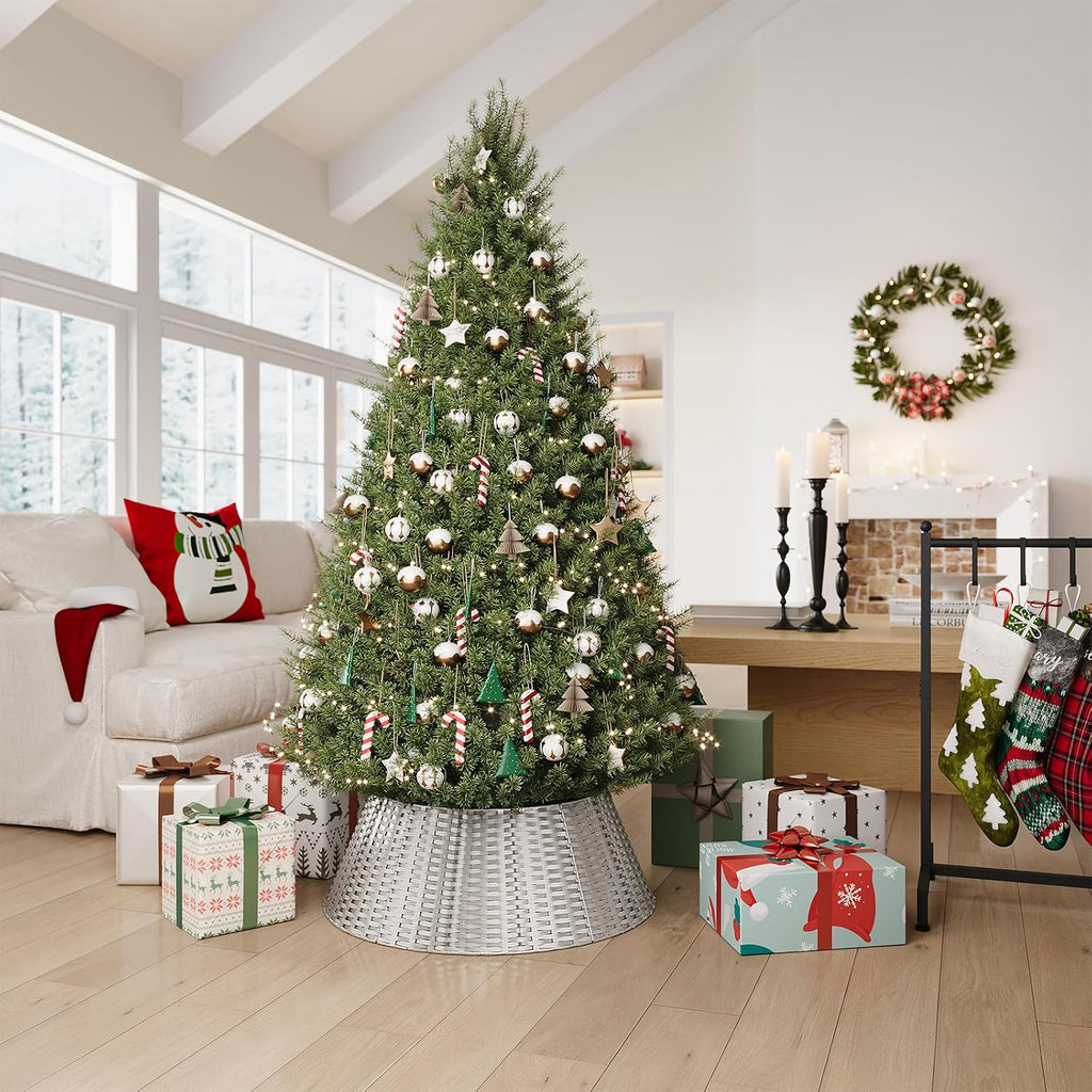 Christmas Tree Collar, 28 Inch Silver Woven Xmas Tree Skirt for 7.5 ft Trees, Stylish Rustic Basket for Tree Base