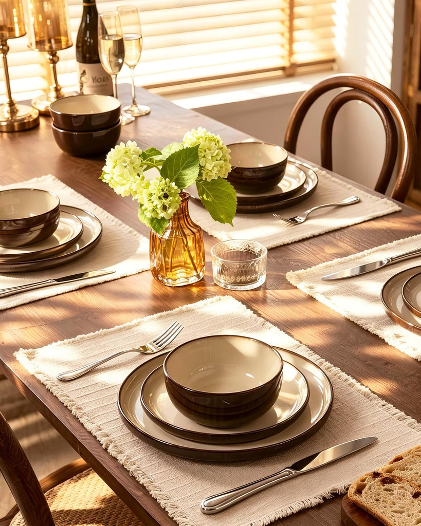 Milkyway 12-Piece Stoneware Dinnerware Set, Light khaki & Cocoa