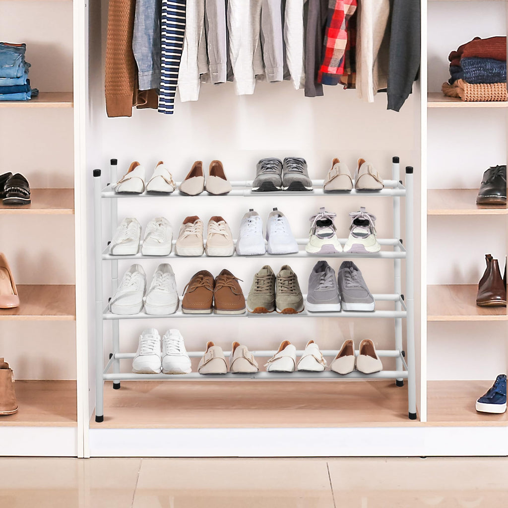 Expandable Shoe Rack for Closet, 16 Pairs White 4 Tier