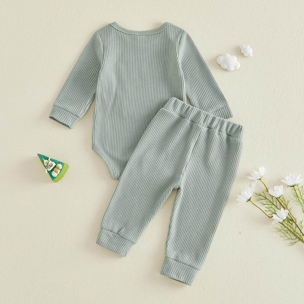 Waffle Knit Baby Boy Clothes Letters Embroidered Romper Pants Set