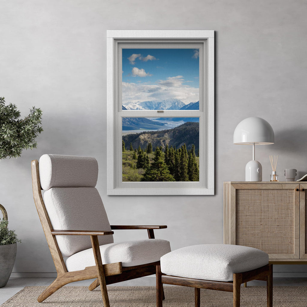 Canvas Print Wall Art Window View Blue Cloud Sky Mountain Range Forest Meadow Nature Wilderness Photography Digital
