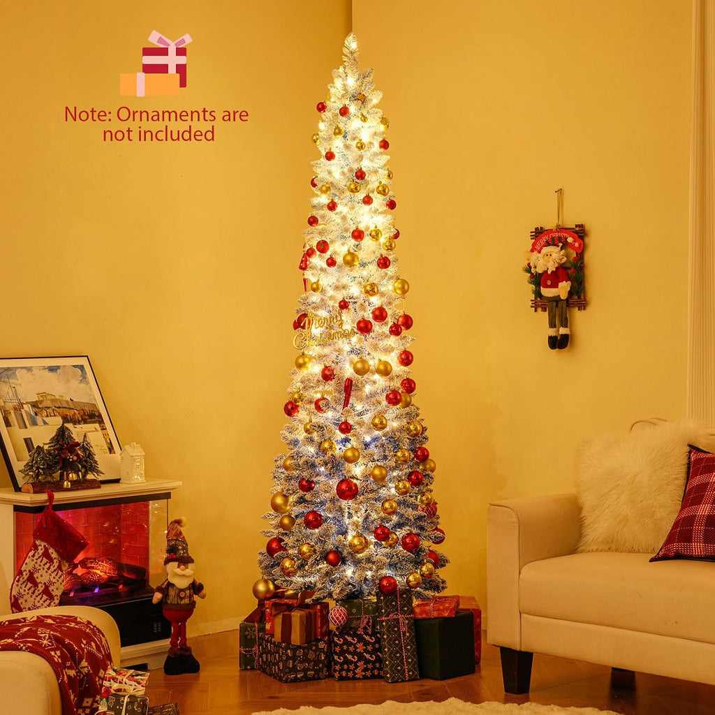 7 FT Pre-lit Flocked Pencil Christmas Tree Blue Slim Artificial Xmas Tree with 588 Branch Tips, 290 Warm White LED