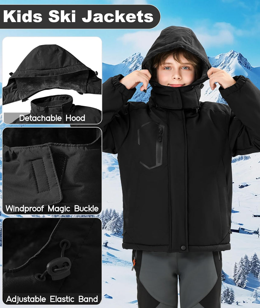 Kids Winter Jackets Warm Fleece Waterproof Snow Jacket with Zipper Pockets Detachable Hood