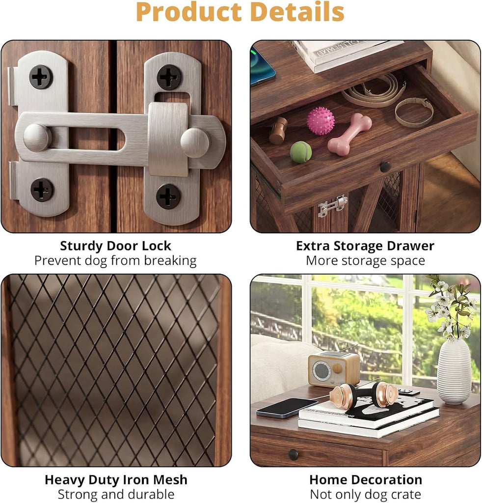 Wooden Dog Crate End Table with USB Charging Station, Walnut