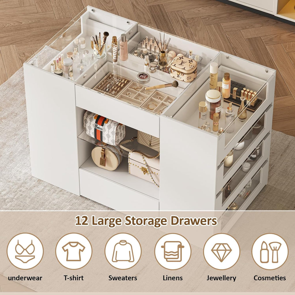Closet Island with 12 Drawers, Glass Top & Display Shelves, White | Wardrobe Armoire Bedroom Island, White Dresser