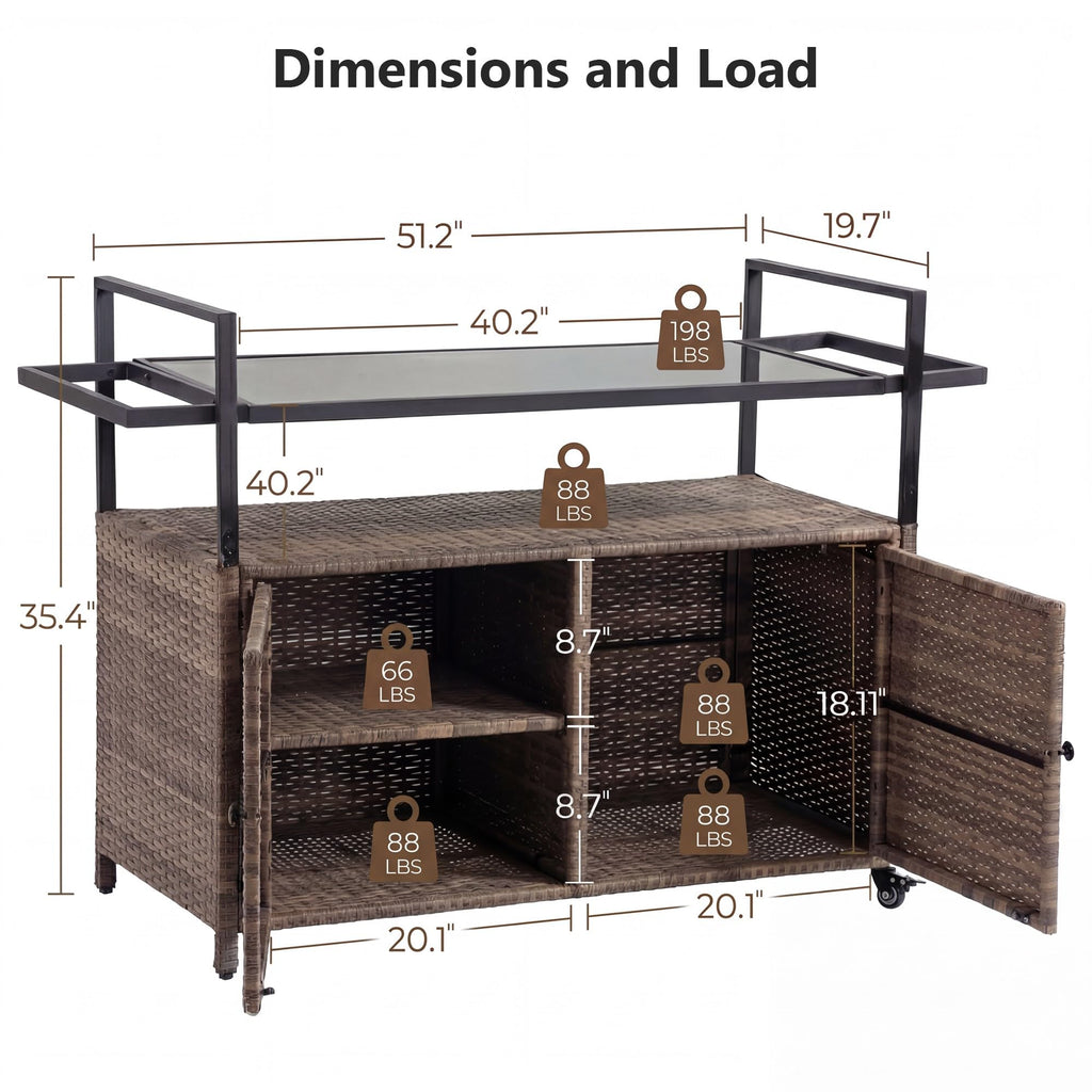 51.2" Wicker Outdoor Bar Cart - Brown Patio Console Storage Table Buffet Cabinet Serving Kitchen Cart with Wheels for