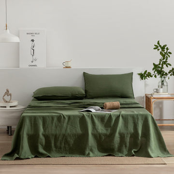 Linen Sheets Set, 100% Stonewashed French Linen Bed Sheets Deep Pocket Sheets, 4 Pieces (1 Flat Sheet, 1 Fitted